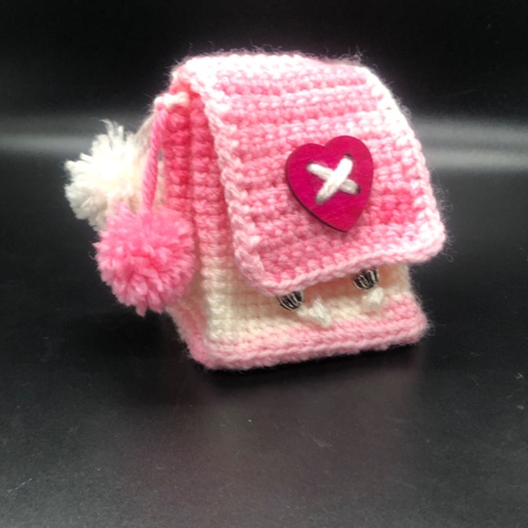 Bubblegum Pink & White Crochet Mini Backpack Keychain w/ Pom Poms, Heart Button - Picture 12 of 14